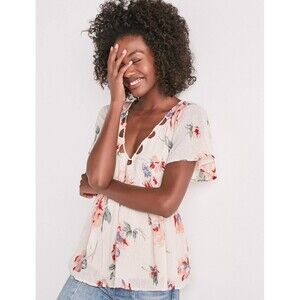 Lucky Brand Floral Flutter Top Flowy Fairy Babydoll Gauze Texture Mod Womens L